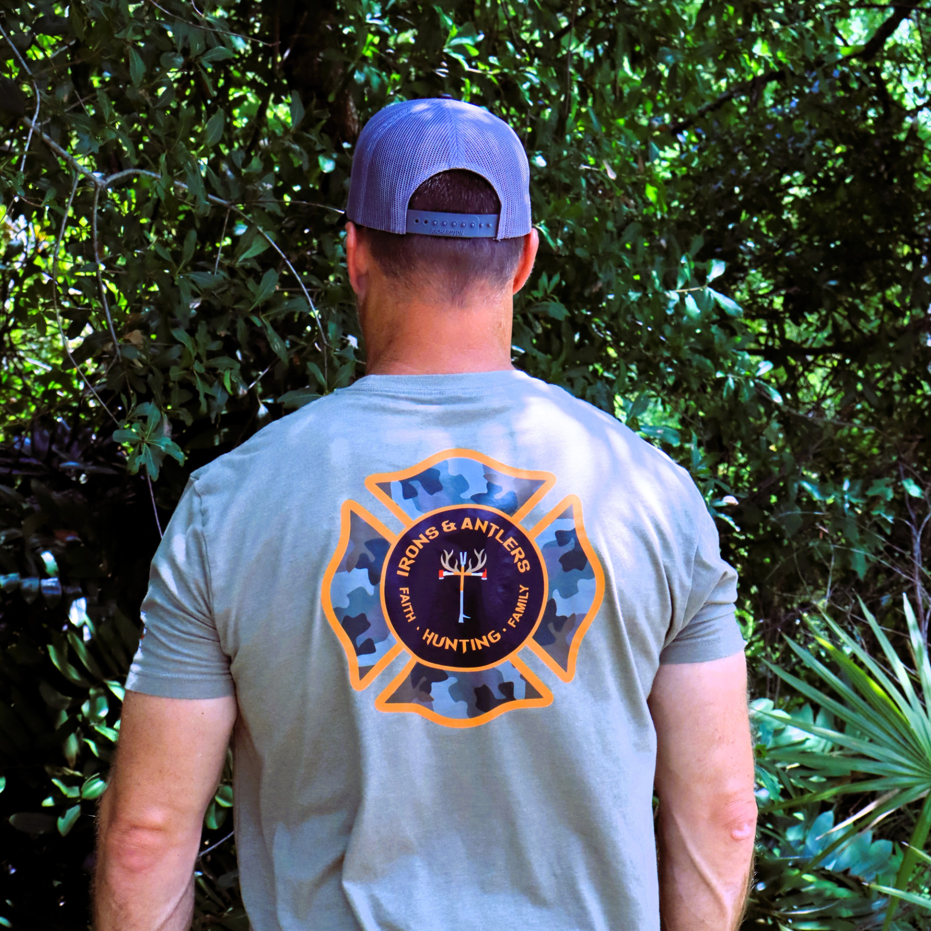 Irons & Antlers logo tee with the Faith · Hunting · Family crest